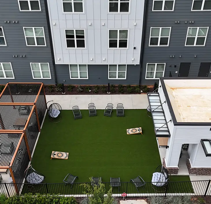 Artificial grass bocce ball court at apartment